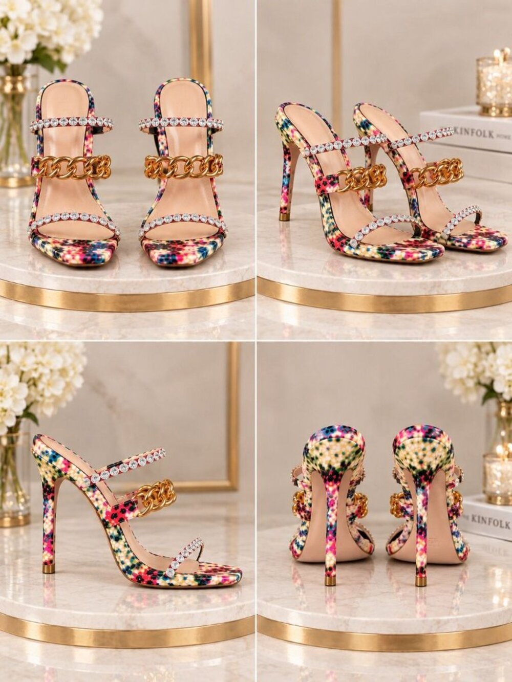 Cape Robbin Floral Chain Rhinestone Open Toe Stiletto Heels